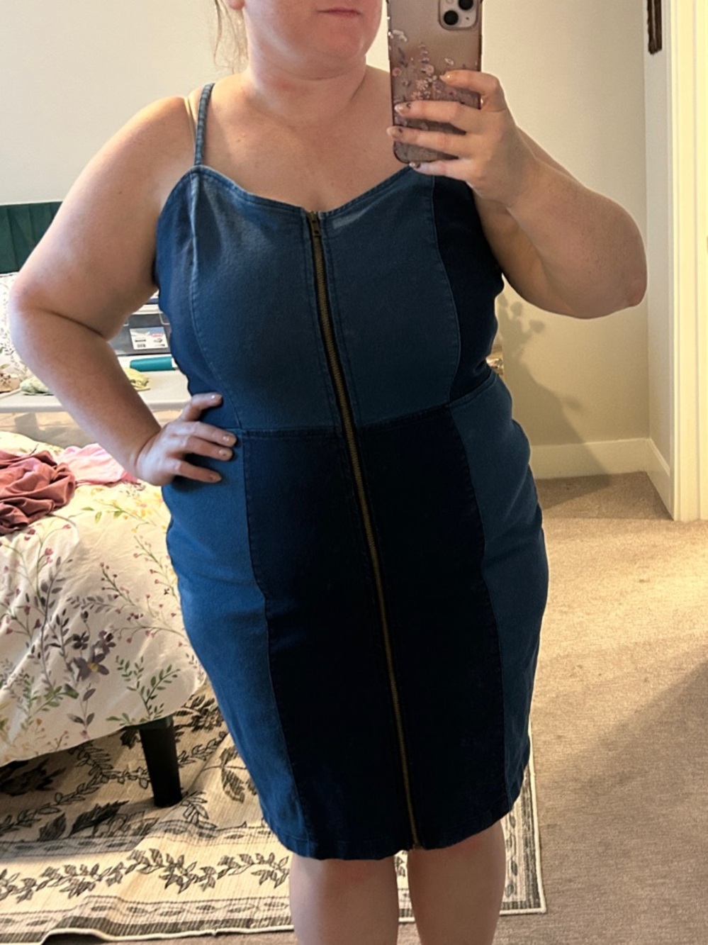 Denim Two-Tone Zip-Front Bodycon Dress - Blue